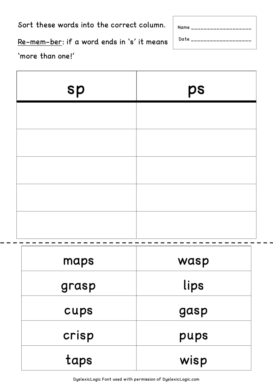sp or ps word sort: students cut out 10 words such as maps, grasp, lips and wisp and sort each by its ending