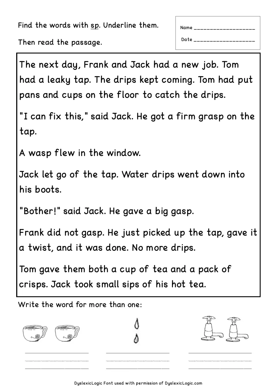 Leaky tap story: students underline sp words like grasp and gasp, then write plurals for pictures of cups, drips and taps