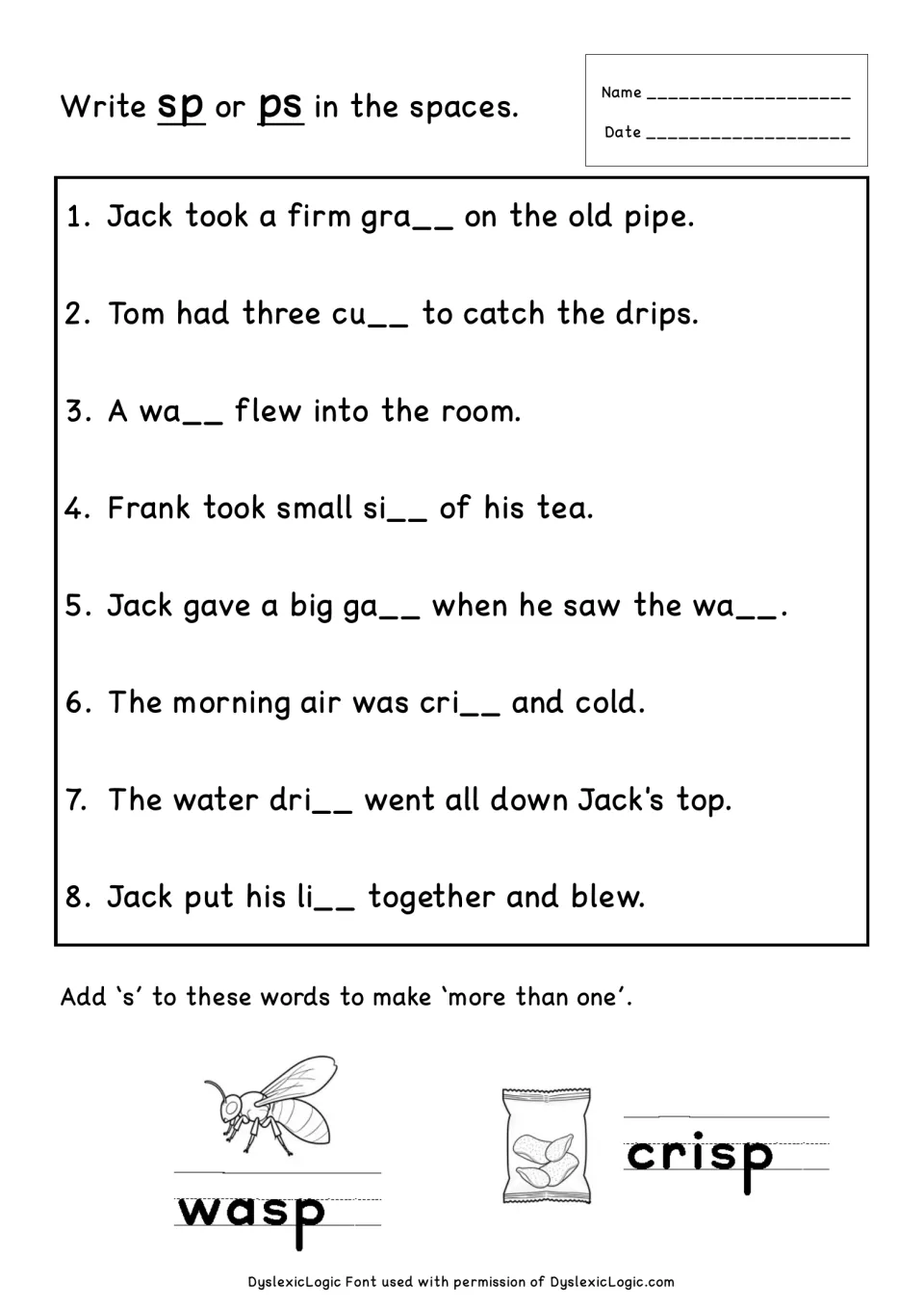 sp or ps spelling: students complete 8 story sentences like gra__ and wa__, then add s to wasp and crisp for plurals