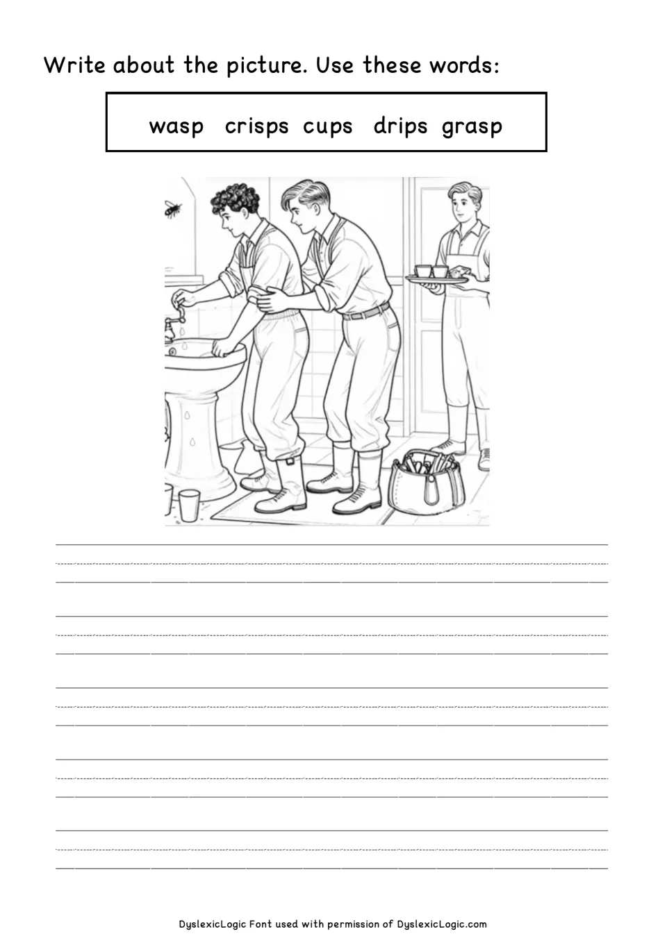 Picture writing task: students describe a scene of men fixing a dripping tap using wasp, crisps, cups, drips and grasp