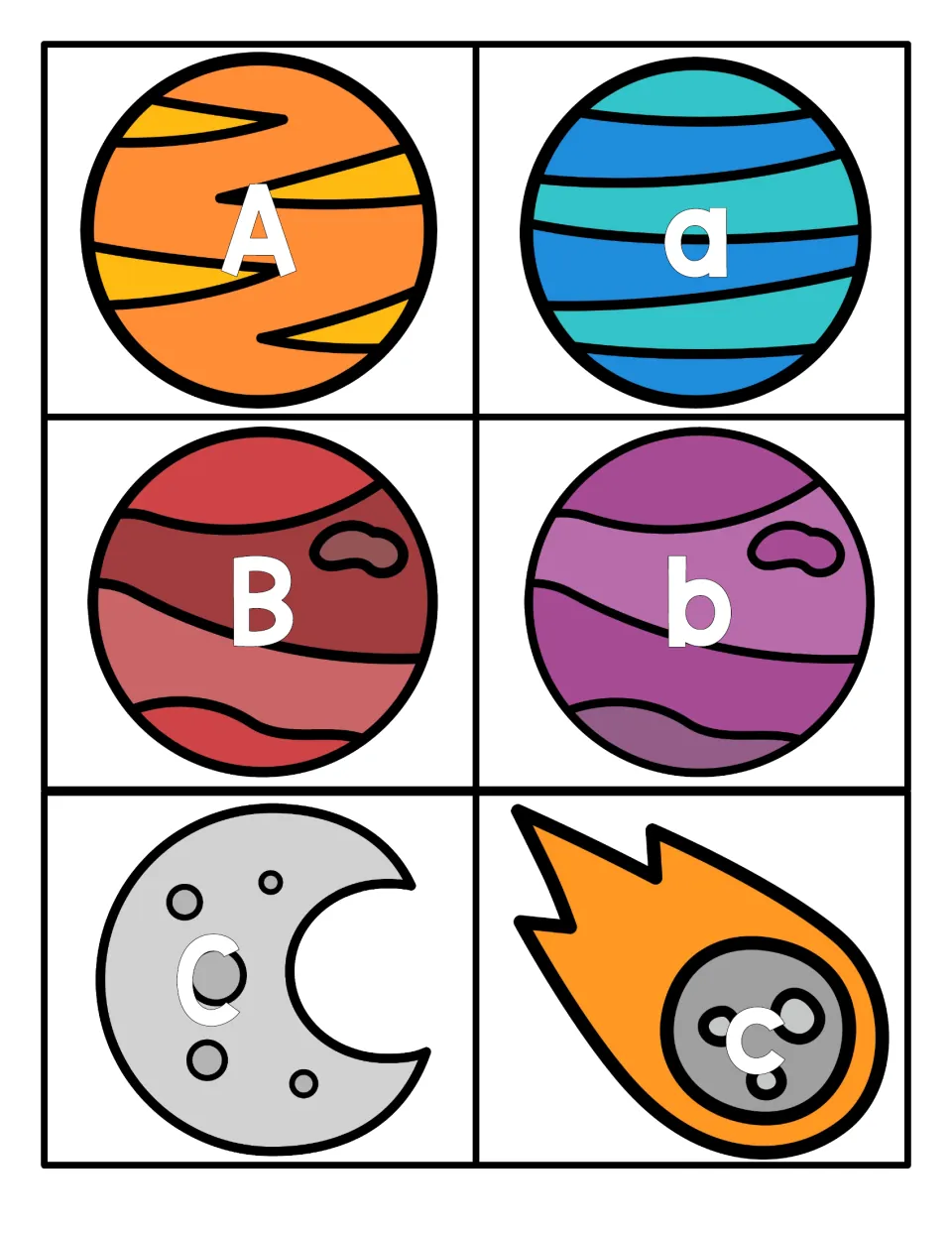 Letters A, B and C: six cards show each uppercase and lowercase letter on planets, a moon and a comet for letter matching