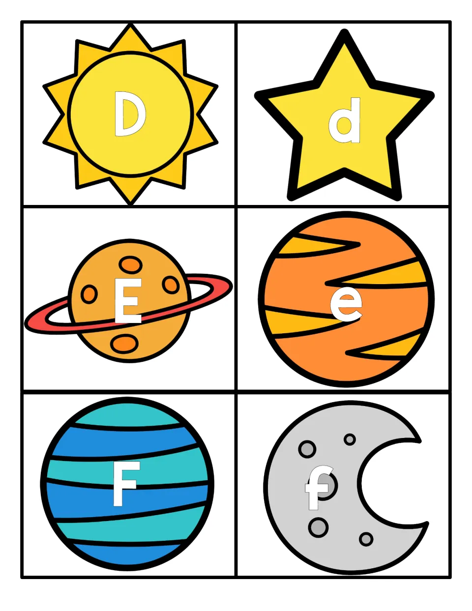Letters D, E and F: uppercase and lowercase cards on a sun, star, ringed planet, planets and moon for matching letter pairs