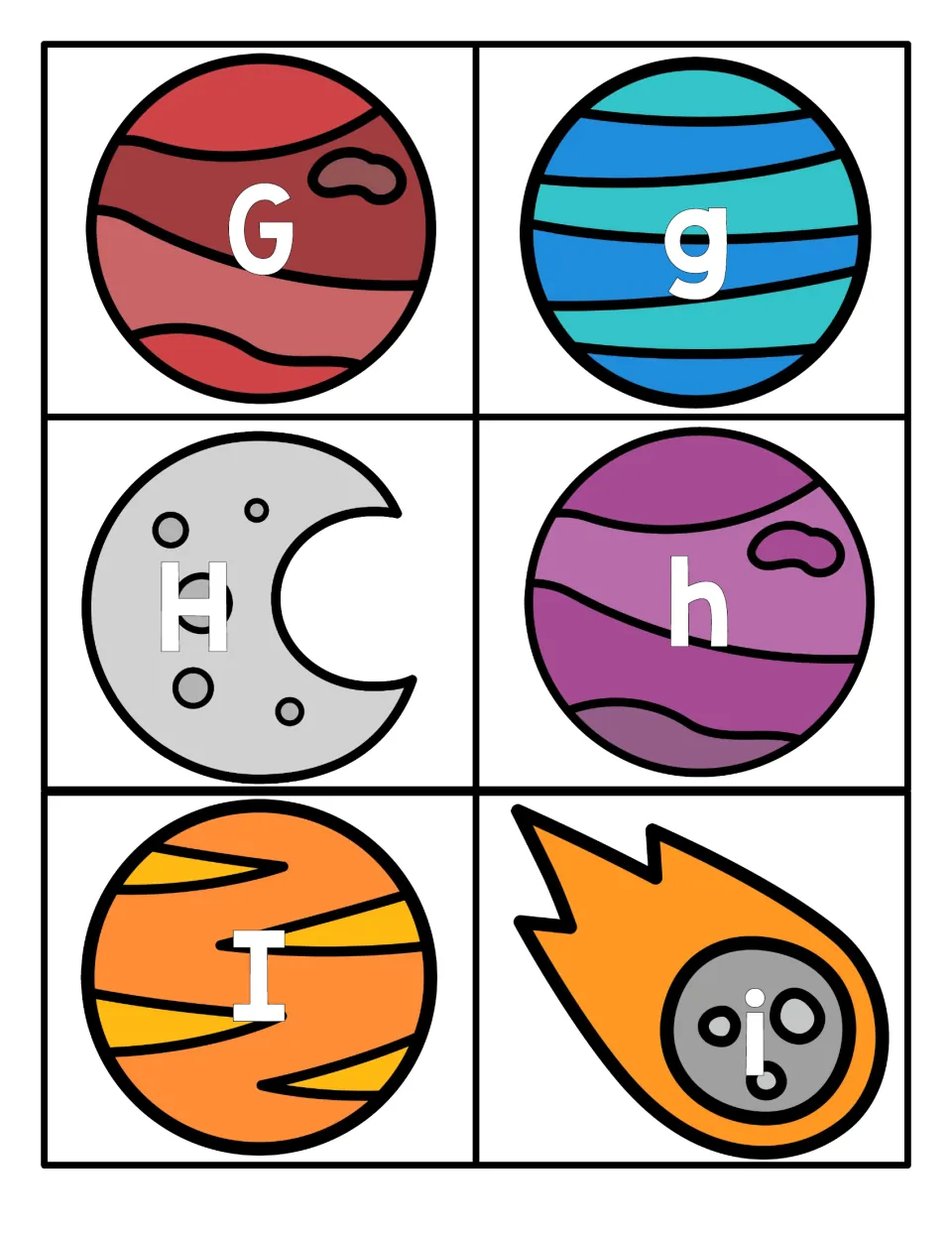 Letters G, H and I: six space cards with capital and small letters on planets, a moon and a comet to pair by letter name