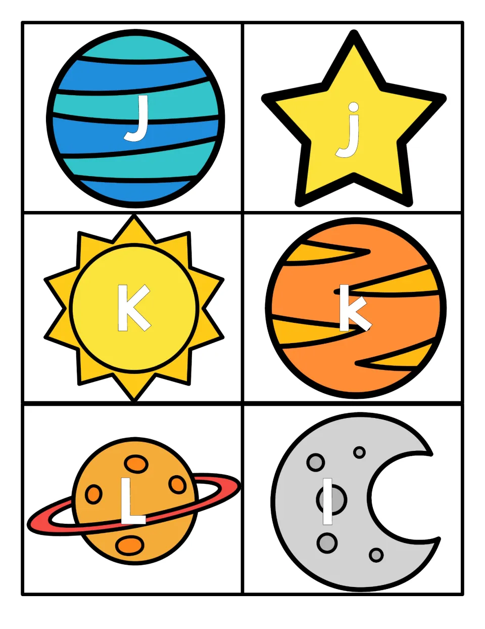 Letters J, K and L: capital and lowercase cards on a planet, star, sun, ringed planet and moon for upper-lower matching