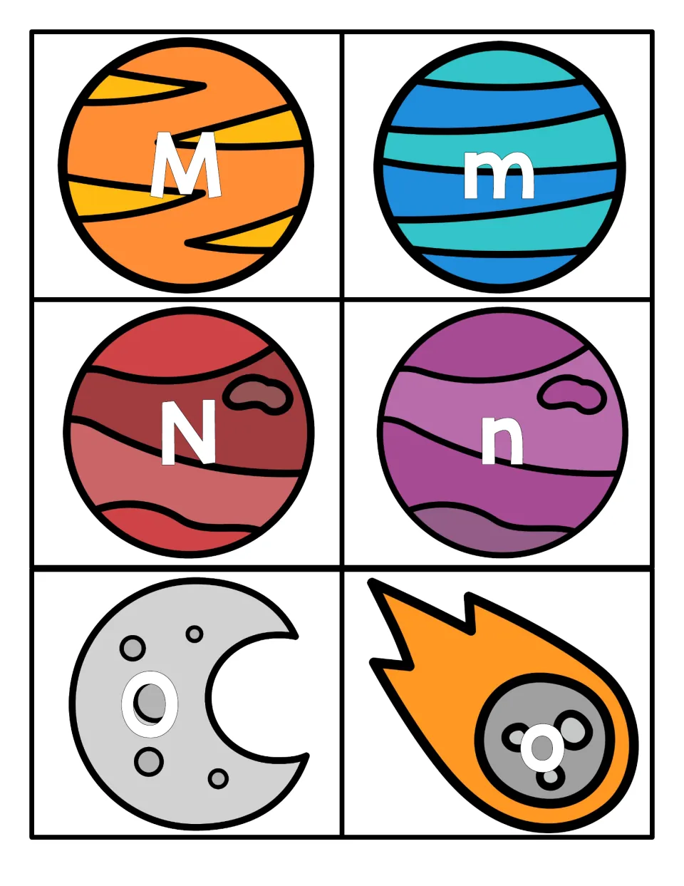 Letters M, N and O: six cards pairing uppercase and lowercase M, N and O on striped planets, a moon and a comet to match