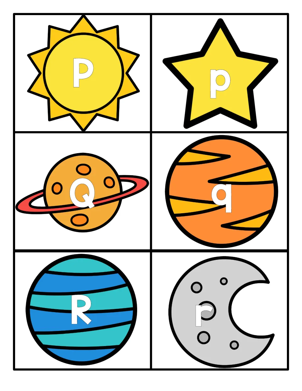 Letters P, Q and R: uppercase and lowercase cards on a sun, star, ringed planet, planets and a moon for letter recognition