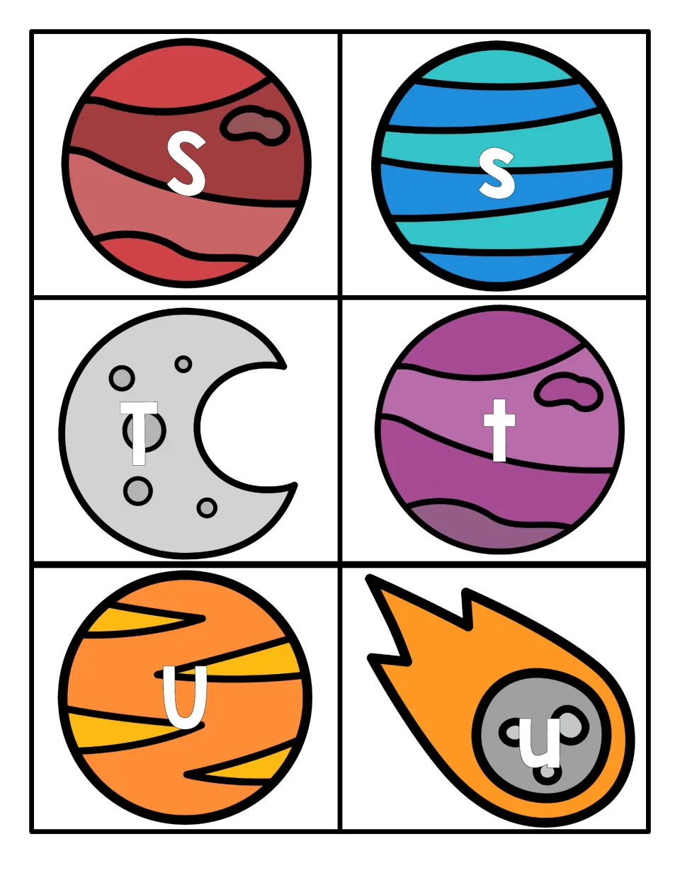 Letters S, T and U: capital and lowercase S, T and U on red, blue and purple planets, a moon and a comet for pair matching