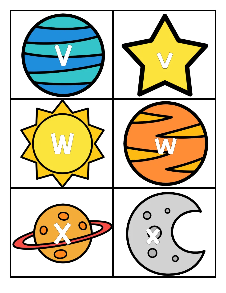 Letters V, W and X: uppercase and lowercase cards on a planet, star, sun, ringed planet and moon for matching letter pairs