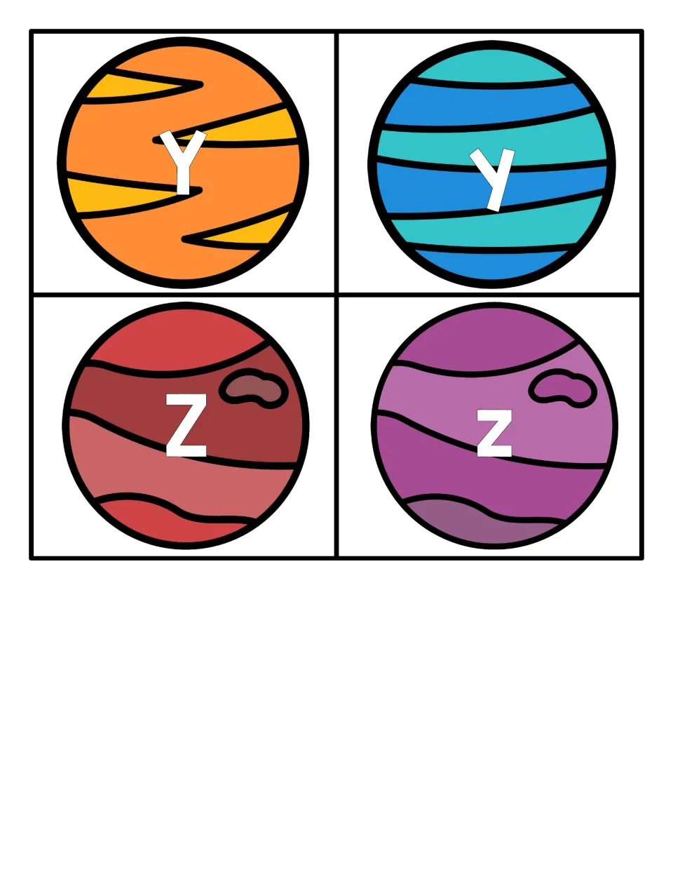 Letters Y and Z: four cards with capital and lowercase Y and Z on orange, blue, red and purple planets to finish the set