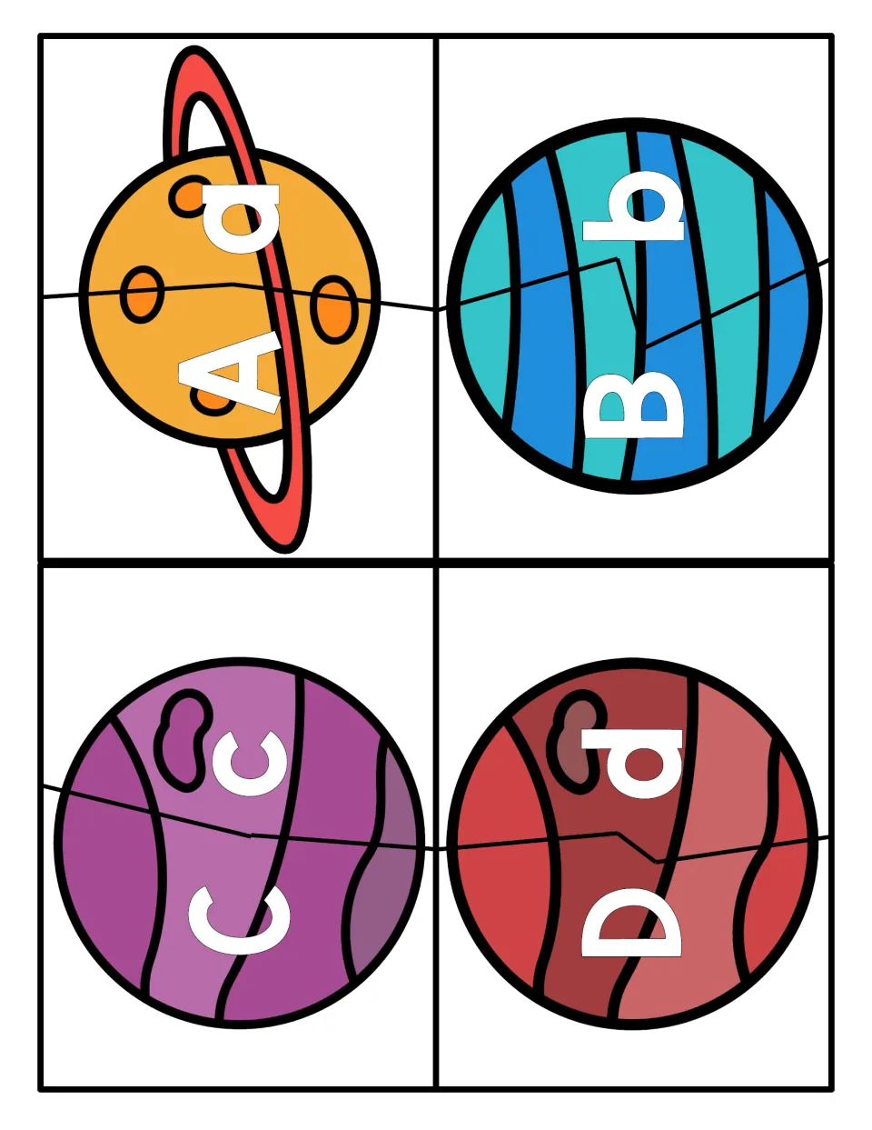 Letters A to D: four planet puzzles split in two, students join uppercase A, B, C, D to the matching lowercase half