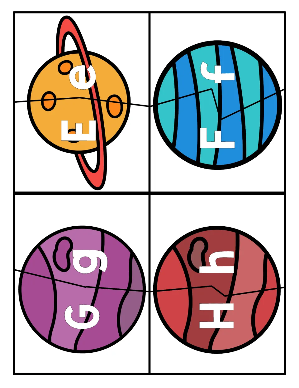 Letters E to H: ringed and striped planets cut into two halves, pairing capital E, F, G, H with lowercase e, f, g, h