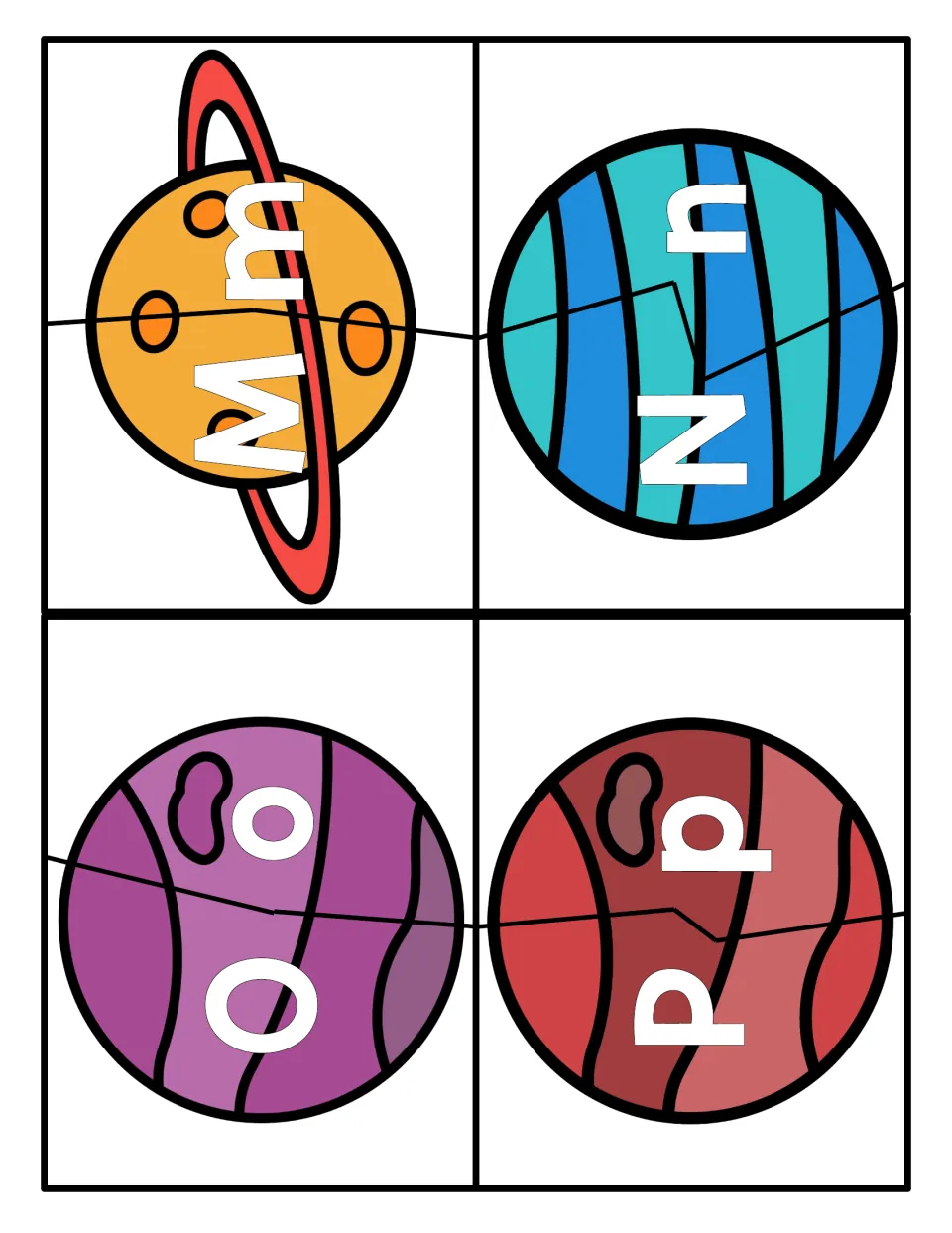 Letters M to P: two-piece planets pairing uppercase M, N, O, P with lowercase m, n, o, p for letter recognition