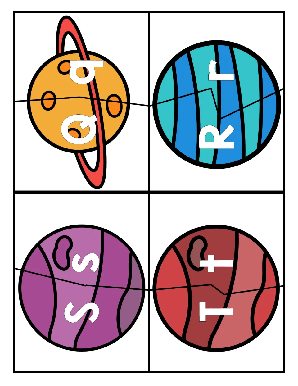 Letters Q to T: learners fit the capital Q, R, S, T planet half to its lowercase q, r, s, t half, matching letter case