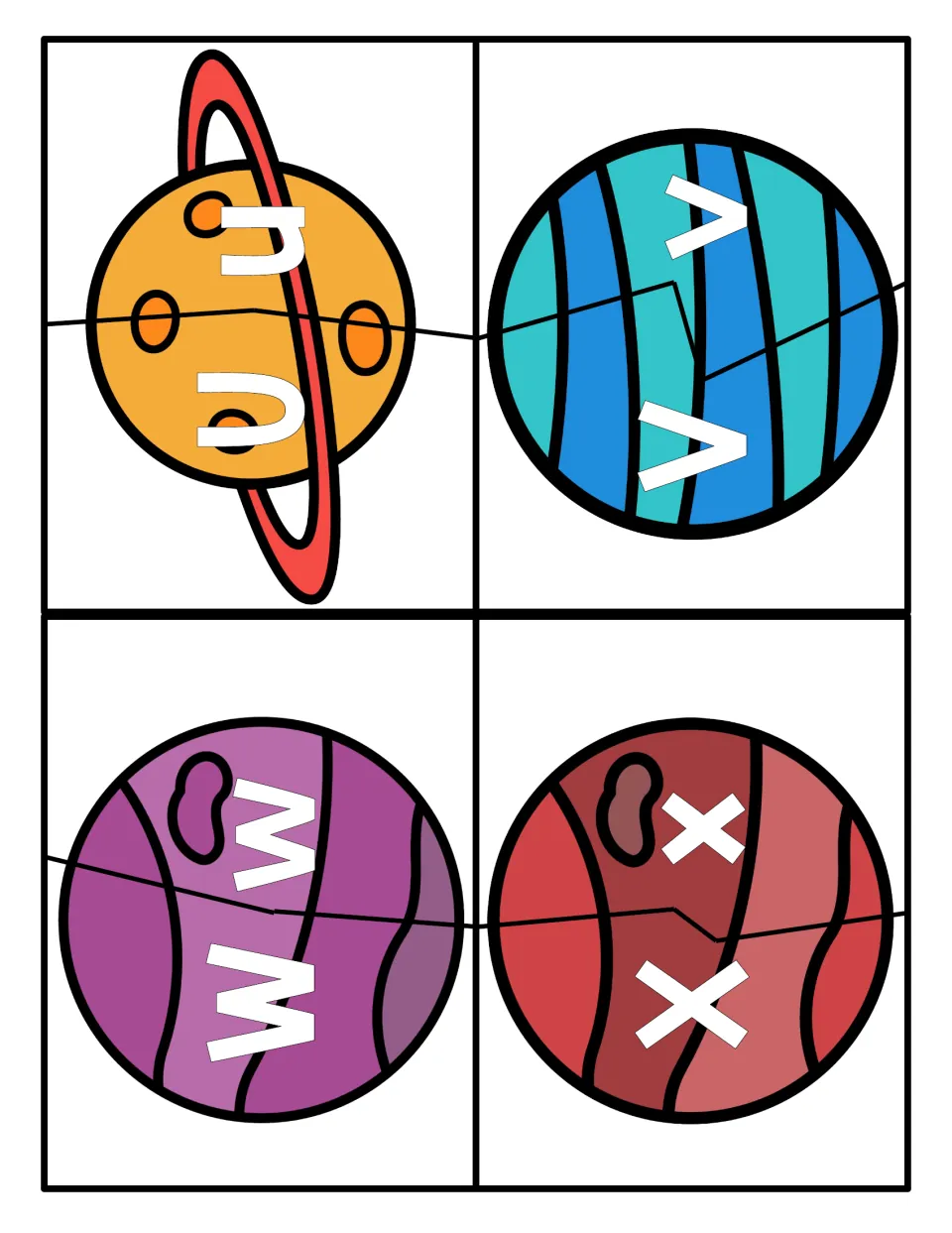 Letters U to X: space puzzles where students connect uppercase U, V, W, X with lowercase u, v, w, x on one planet