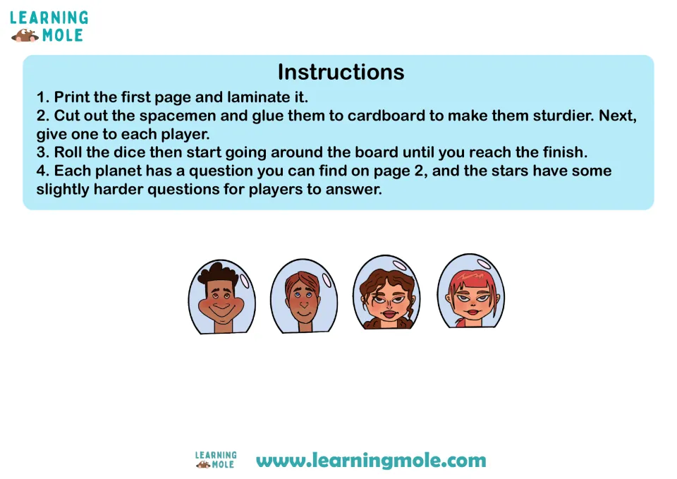 Game instructions: laminate the board, cut out four spacemen player tokens, roll dice and answer planet and star questions
