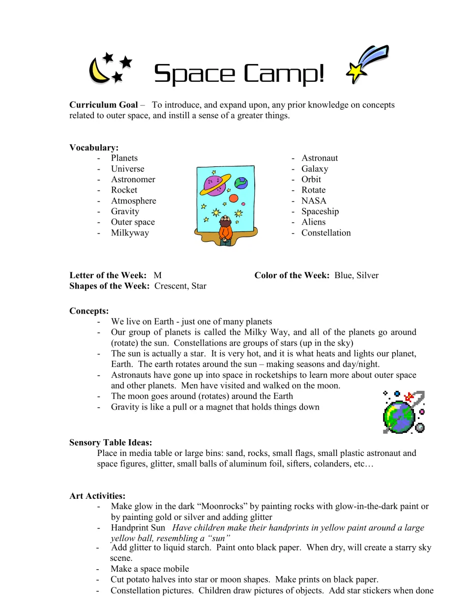 Curriculum introduction lists space vocabulary, letter M, blue and silver, crescent and star, and art ideas