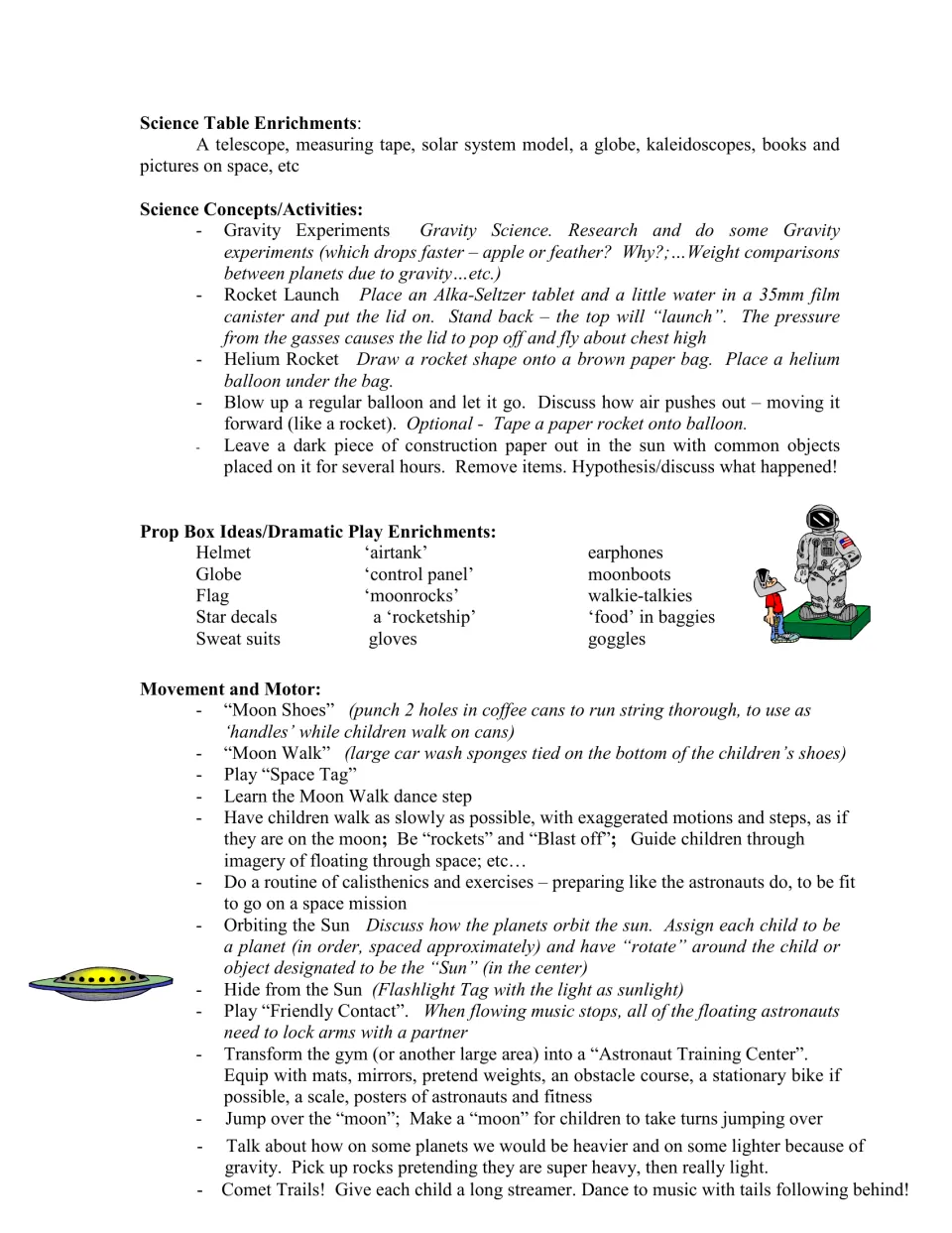 Space science and play ideas include gravity experiments, balloon rockets, astronaut props, and moon walks