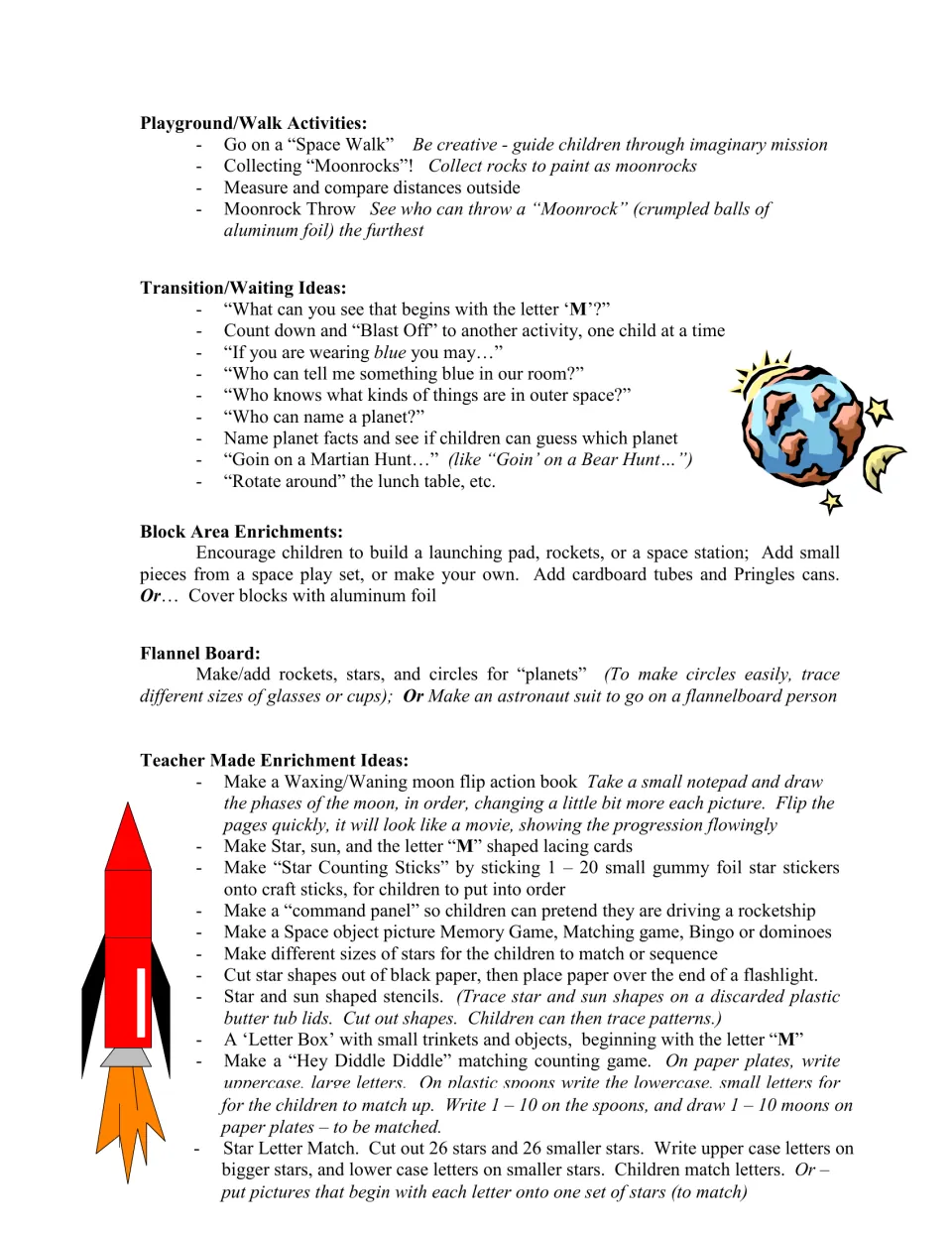 Space curriculum ideas include outdoor walks, transition prompts, block play, flannel pieces, and matching