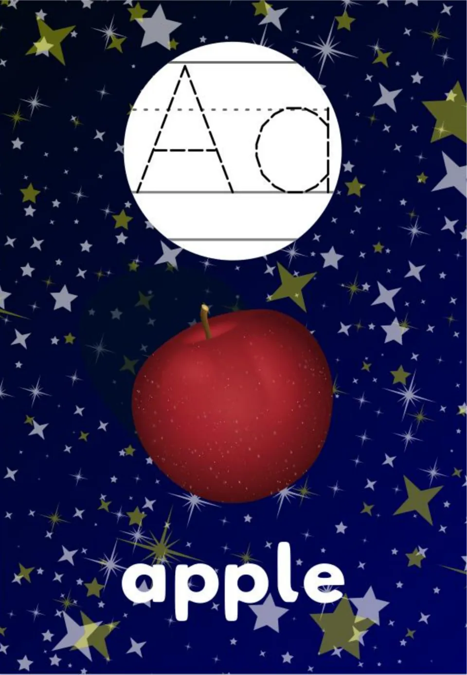 Letter A poster: dashed uppercase A and lowercase a for tracing, a red apple picture and the word apple on a starry sky