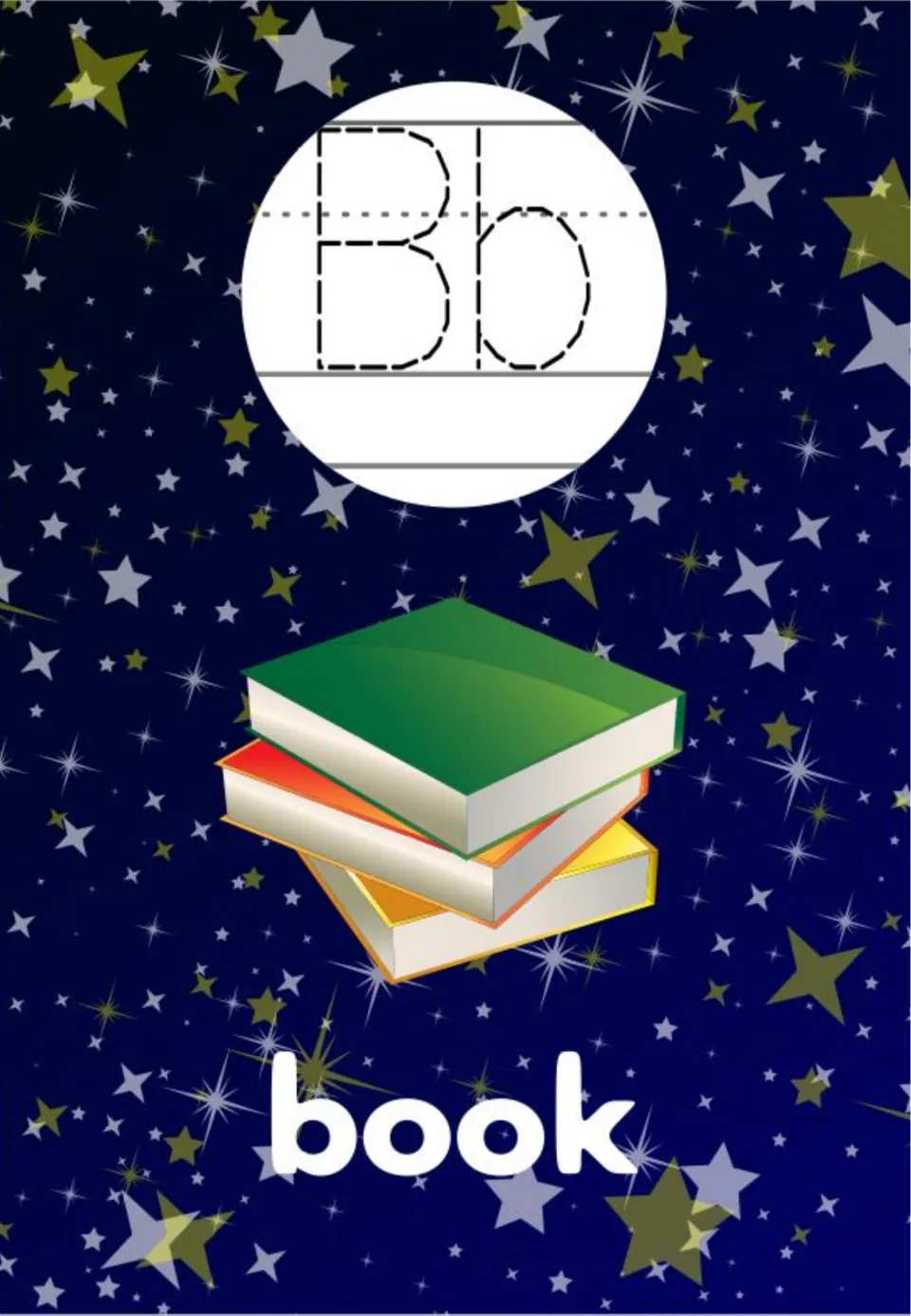 Letter B poster: traceable dashed B and b, a stack of three books in green, red and yellow, and the word book