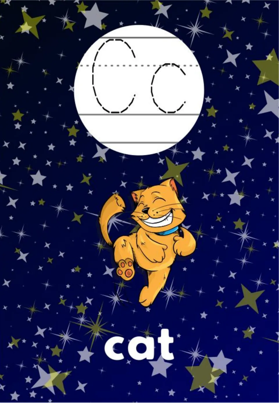 Letter C poster: dotted-outline C and c to trace, a smiling orange cartoon cat with a blue collar and the word cat