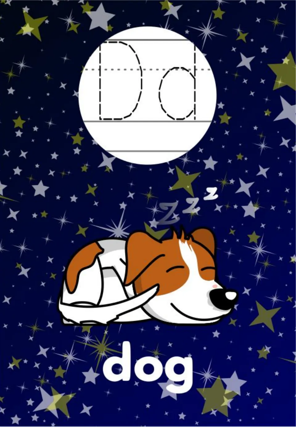 Letter D poster: dashed D and d letter forms for tracing, a sleeping brown and white puppy with Zzz and the word dog