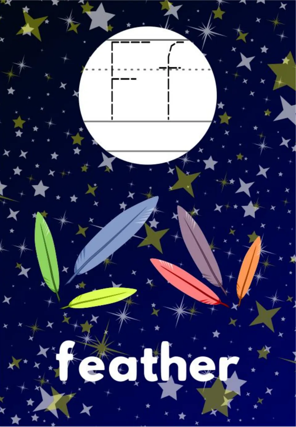 Letter F poster: dashed F and f to trace, six colorful feathers scattered across the stars and the word feather