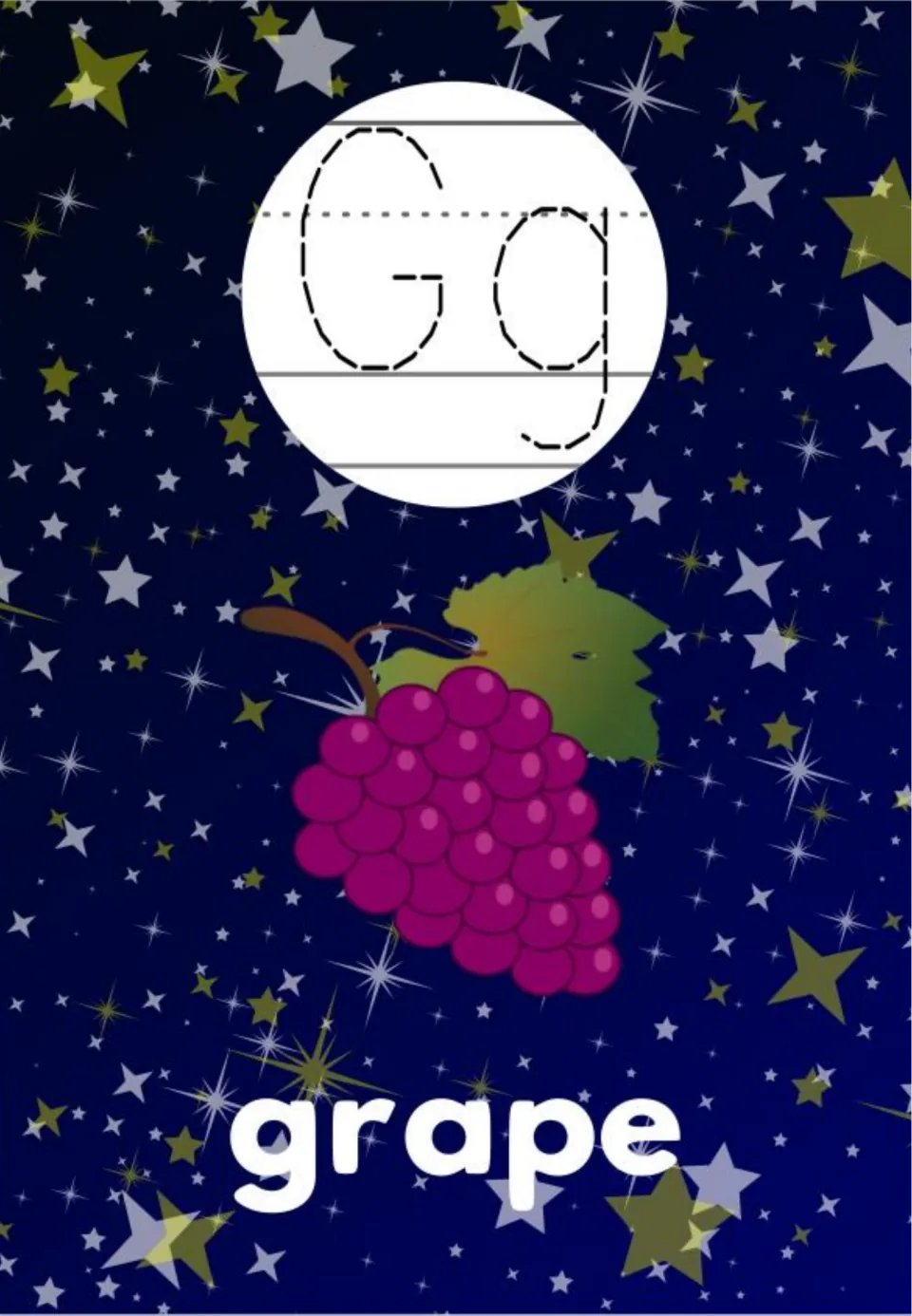 Letter G poster: dotted G and g with a descender to trace, a bunch of purple grapes on a vine leaf and the word grape