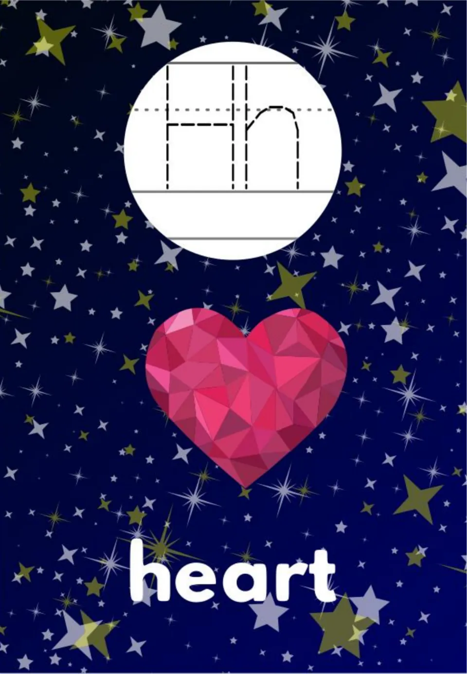 Letter H poster: dashed H and h letter shapes for tracing, a faceted pink geometric heart and the word heart below it