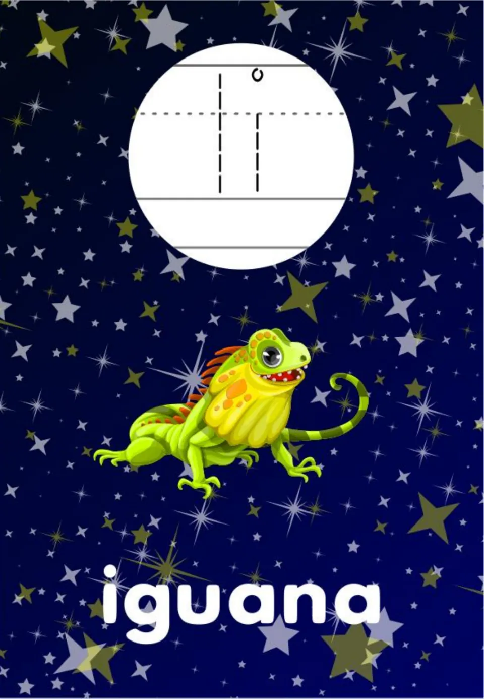 Letter I poster: dashed capital I and dotted small i for tracing, a bright green cartoon iguana and the word iguana
