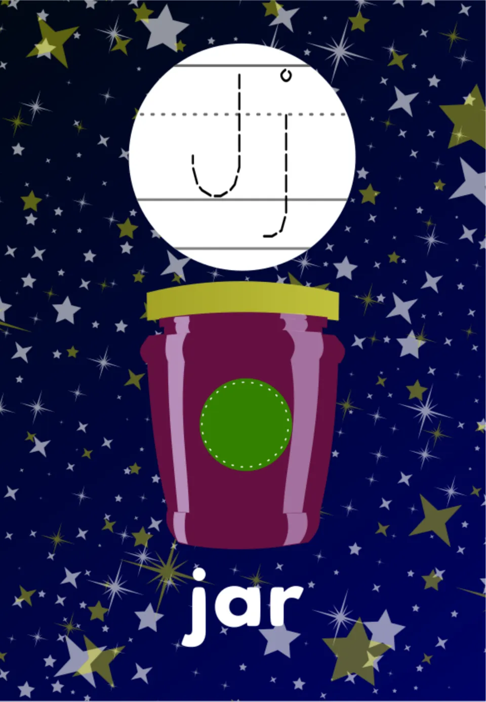 Letter J poster: dashed J and j with a hooked tail to trace, a purple jar with a gold lid and the word jar beneath
