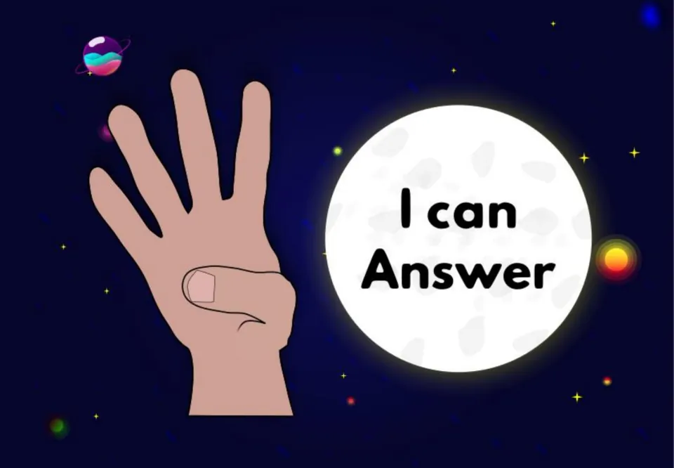 Hand signal sign "I can Answer": four raised fingers with thumb tucked, shown beside a glowing full moon in space