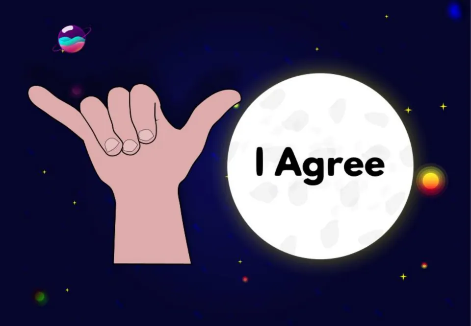 Hand signal sign "I Agree": a hand with thumb and pinky stretched out, middle fingers curled, next to a moon in space