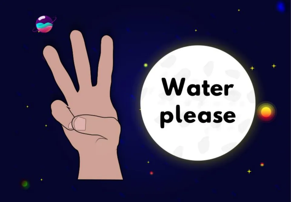 Hand signal sign "Water please": three fingers raised with thumb holding down the pinky, beside a moon on a starry sky