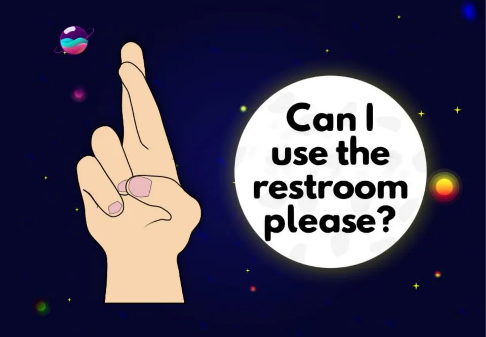 Hand signal sign "Can I use the restroom please?": index and middle fingers crossed, shown beside a glowing full moon