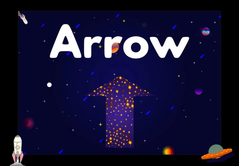 Arrow shape poster: a large upward arrow filled with gold stars on a night sky for students to name and recognize