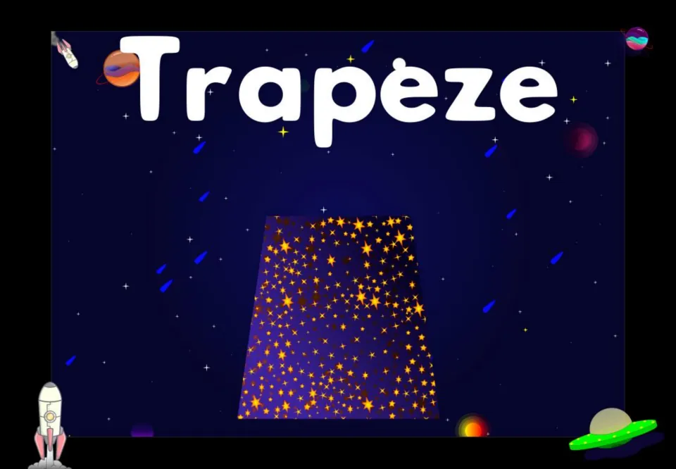 Trapeze shape poster: a star-filled trapezoid with a narrow top and wide base, labeled Trapeze, for shape recognition