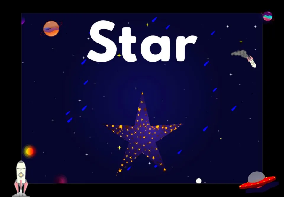 Star shape poster: a five-pointed star filled with gold stars under the word Star, for students to name and count points