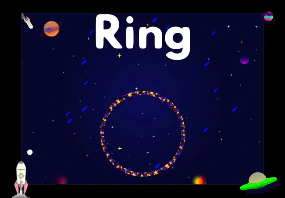 Ring shape poster: a circle outlined in gold stars beneath the word Ring, for students to identify a round shape