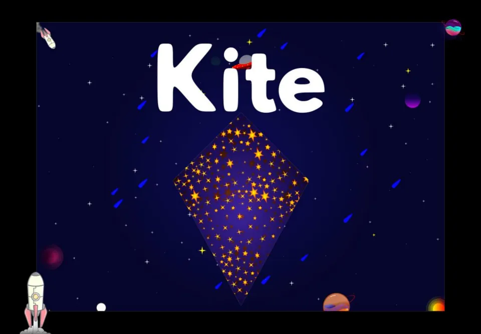 Kite shape poster: a diamond-like kite filled with gold stars beneath the word Kite, for students to name the shape