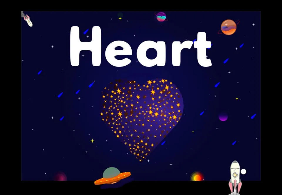 Heart shape poster: a heart filled with gold stars below the word Heart on a space scene, for students to recognize it