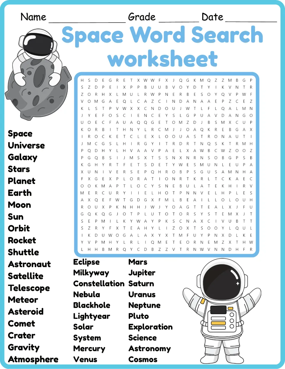 Space Word Search in color: students find 40 space words such as galaxy, orbit, nebula and Neptune hidden in a letter grid