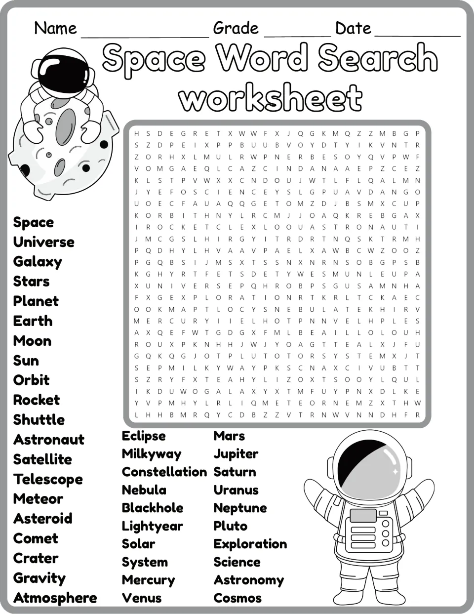 Black-and-white space vocabulary puzzle: students search the grid for 40 words like astronaut, comet, eclipse and Saturn