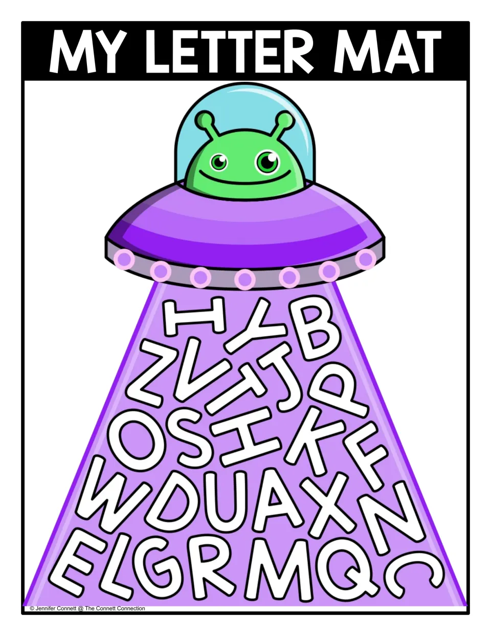 Color uppercase seek-and-find mat headed 'MY LETTER MAT,' with scattered letters A–Z for letter recognition