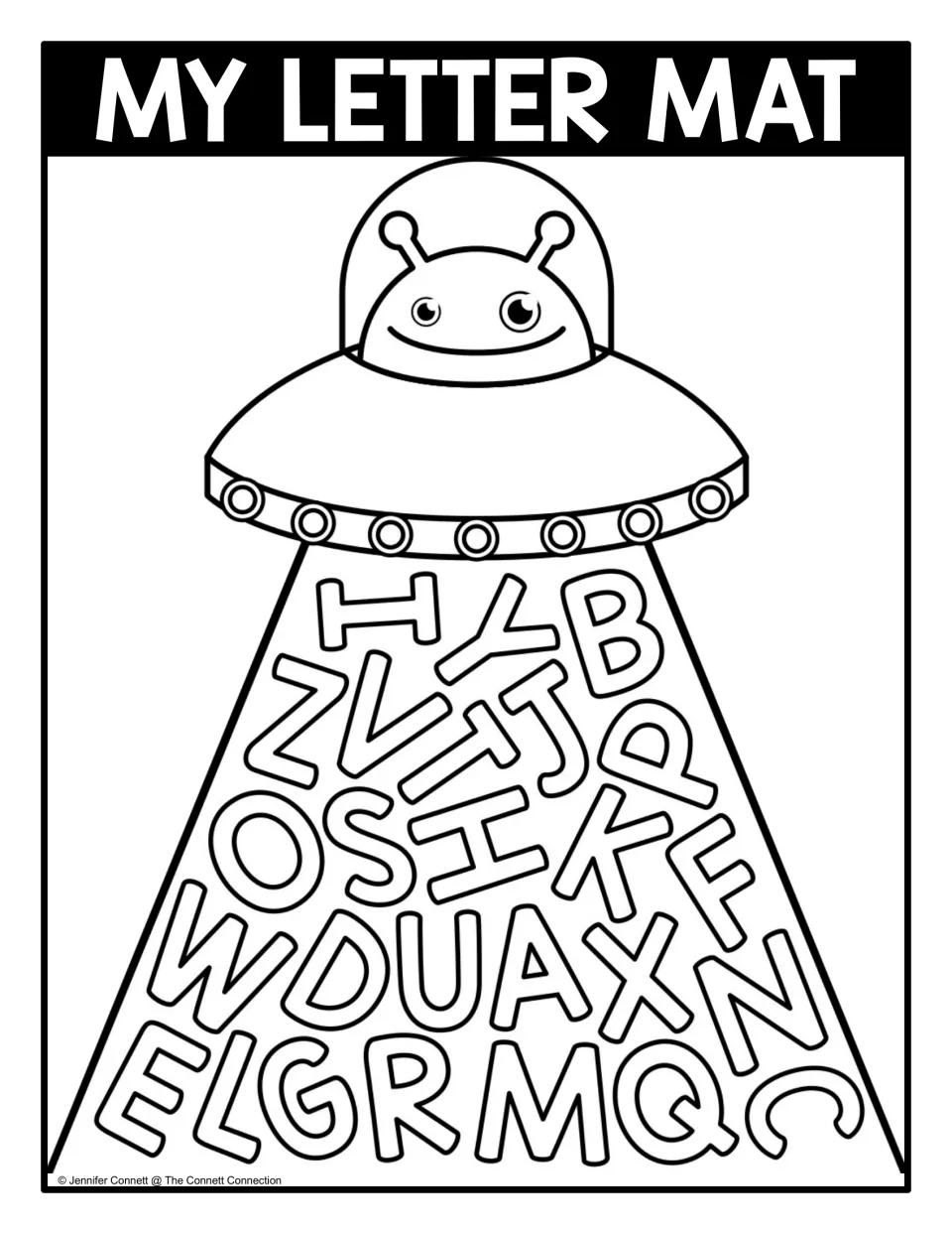 Black-and-white uppercase seek-and-find mat headed 'MY LETTER MAT,' with scattered alphabet letters A–Z