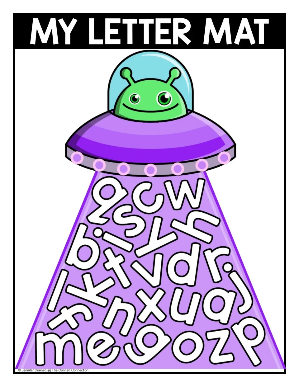 Color lowercase seek-and-find mat headed 'MY LETTER MAT,' with scattered letters a–z for letter recognition