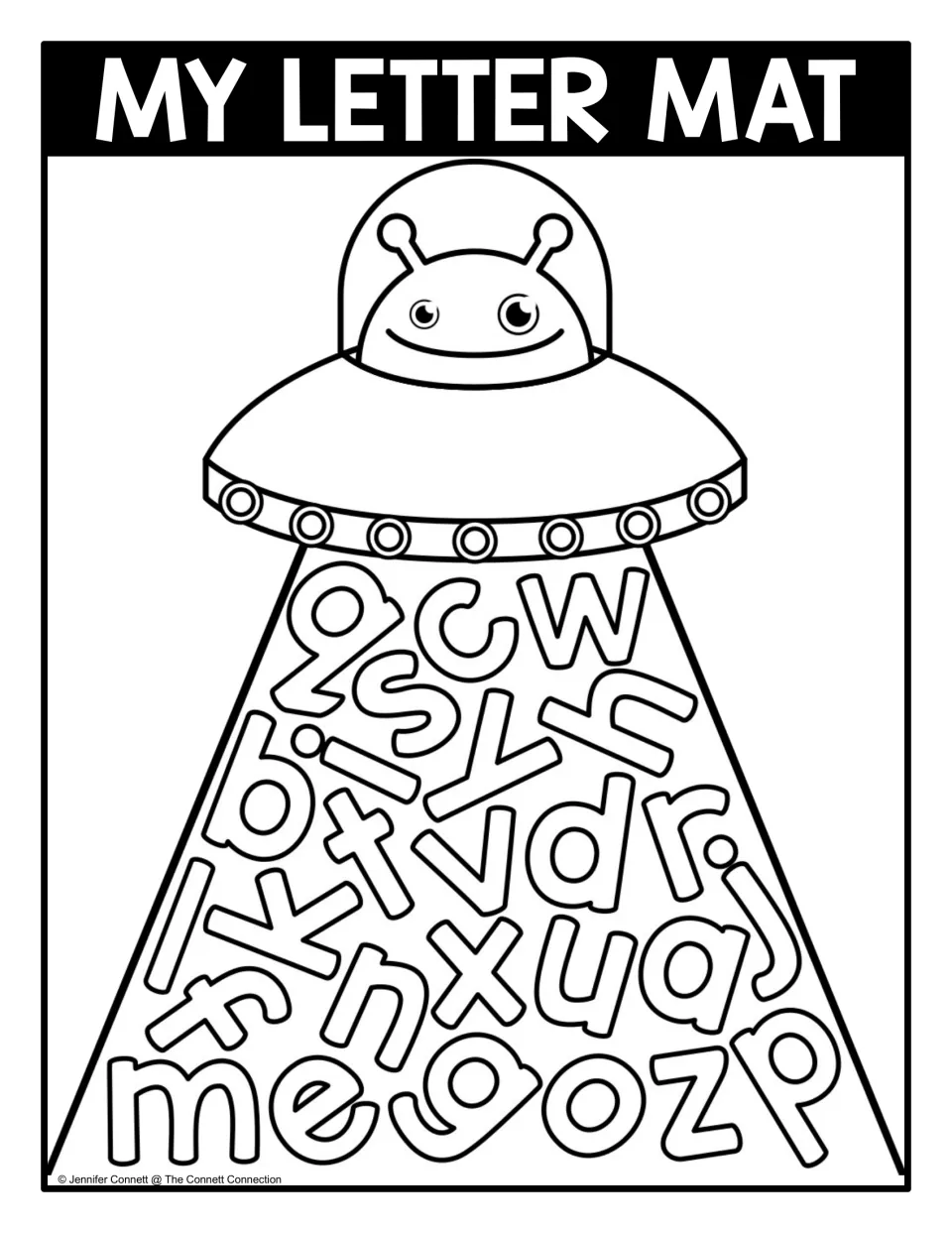 Black-and-white lowercase seek-and-find mat headed 'MY LETTER MAT,' with scattered alphabet letters a–z