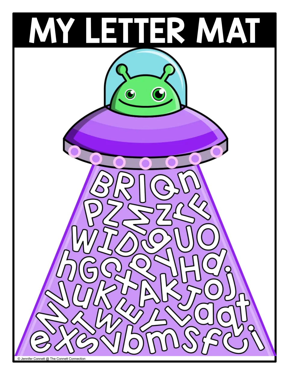 Color mixed-case seek-and-find mat headed 'MY LETTER MAT,' combining scattered uppercase and lowercase letters