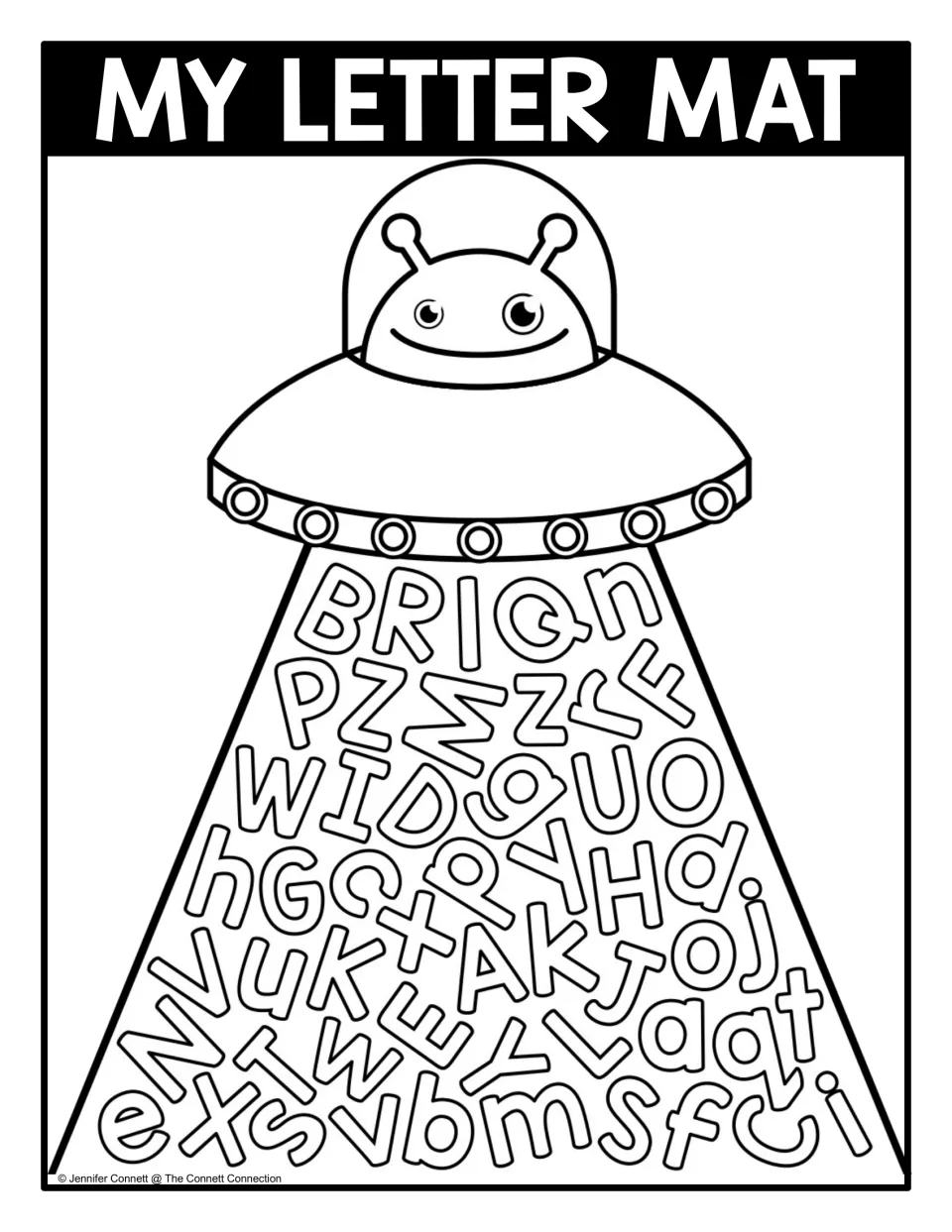 Black-and-white mixed-case seek-and-find mat headed 'MY LETTER MAT,' combining uppercase and lowercase letters