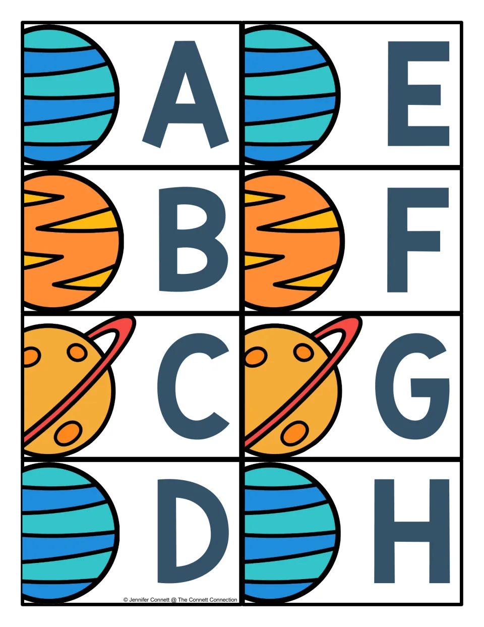 Alphabet cards A–H: eight uppercase letter cards in the set accompanying the letter recognition mats